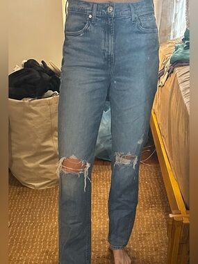 AYR 29 High-Rise Distressed Straight-Leg Jeans - Medium Blue